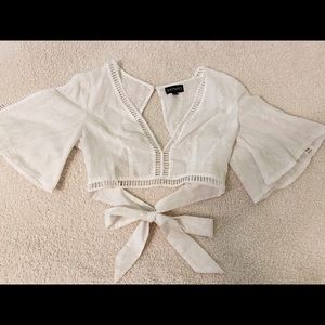White Flared Sleeve V Crop Top